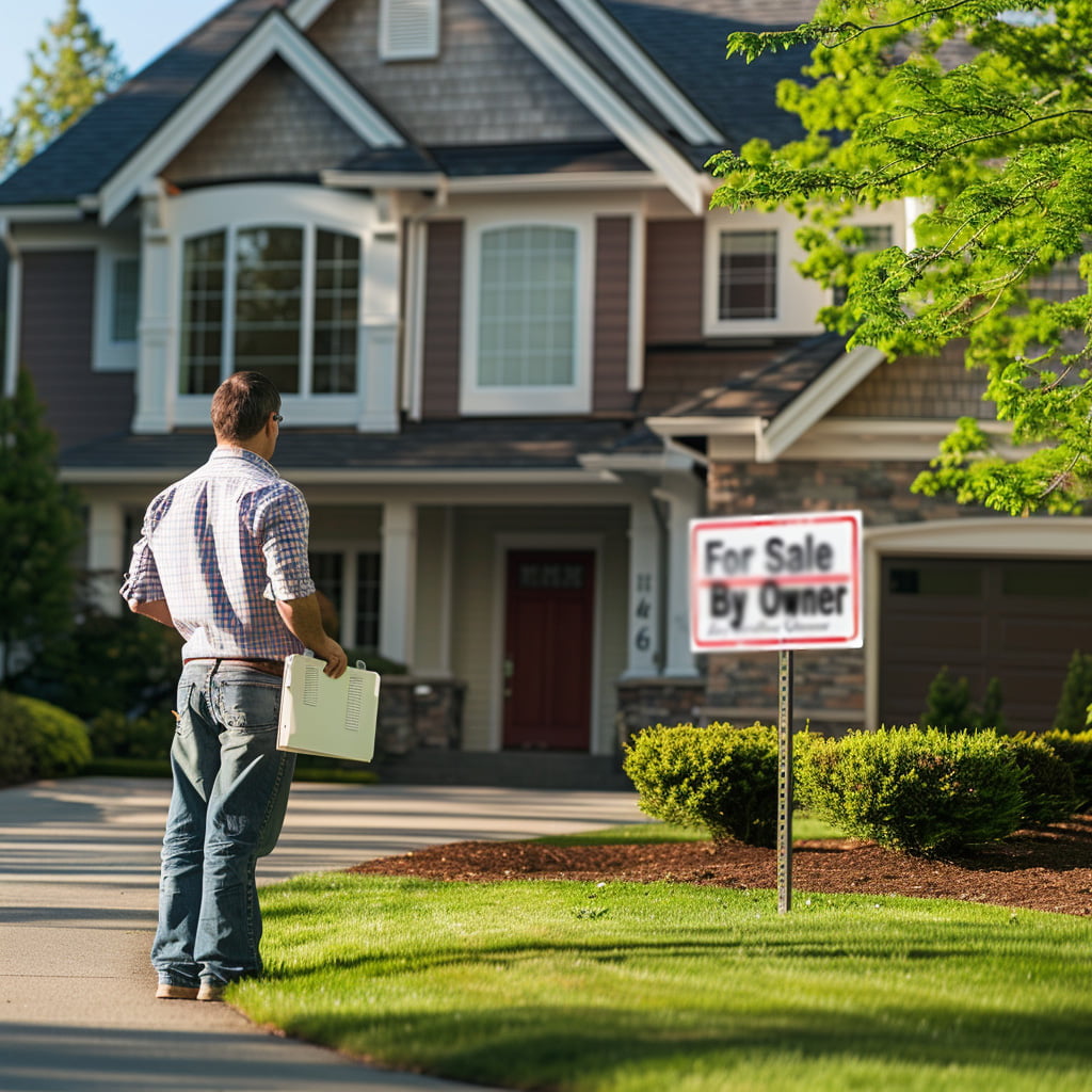 Man looking at his For Sale By Owner sign in his front yard.