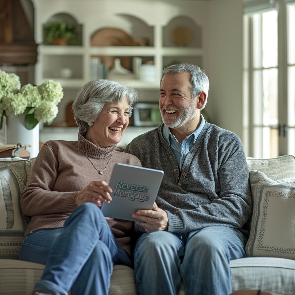 senior couple sitting on a couch smiling holding a reverse mortgage document.