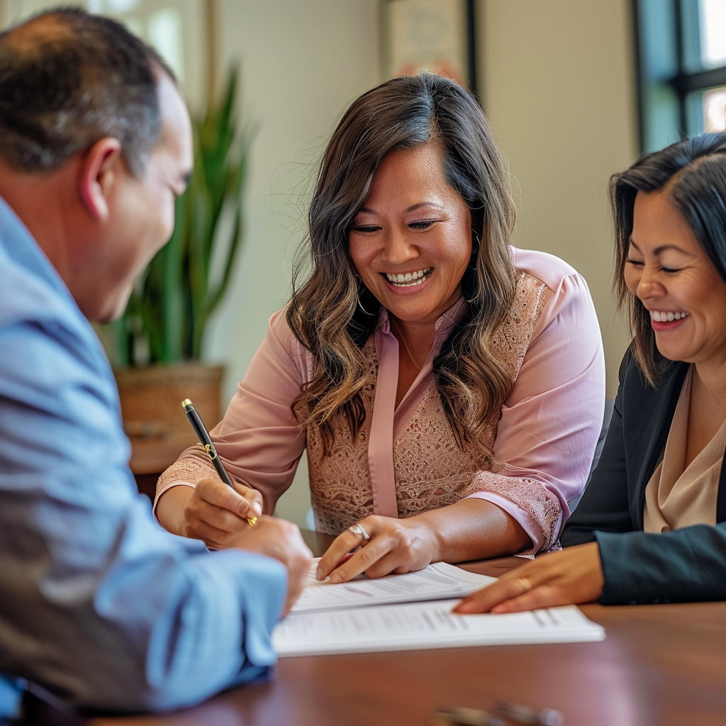 happy woman signing her closing contract for her new home.