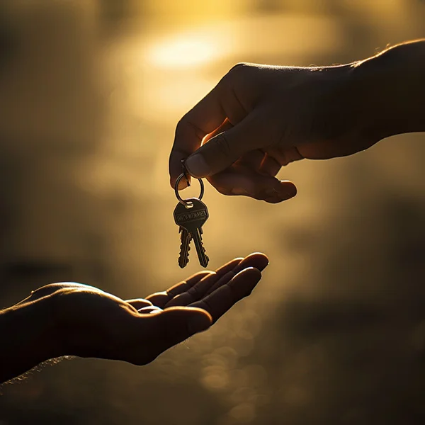 a hand dropping a set of keys into another hand