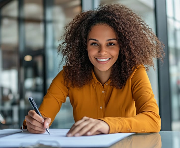 A woman signing title insurance paperwork