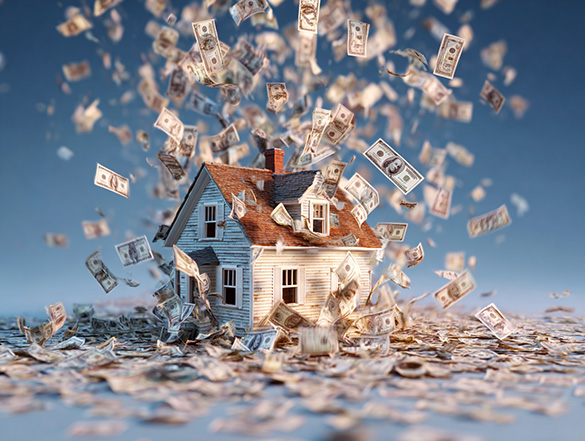 money falling around a house